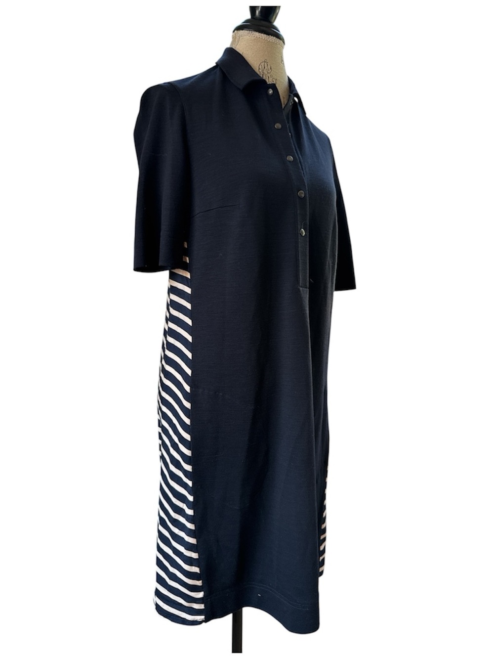 Akris‎ Punto navy stretch wool blend a-line dress striped back 3/4 sleeves 6